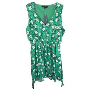 Adrienne Vittadini XL Dress Green Floral Metallic Belted Crepe Sleeveless 1227